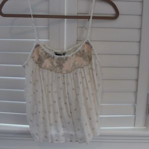 White Floral Design Tank Top With Embroidered Top